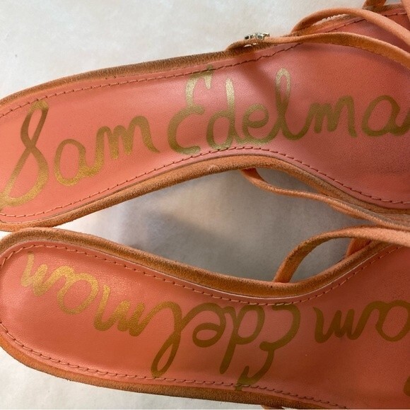 Sam Edelman Jedda Gold Logo Designer Melon Leather Suede Strappy Heels SZ 6 - Picture 5 of 13